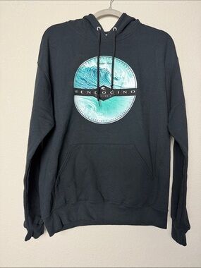Men’s Jerzees Mendocino Graphic Print Black Hoodie with Turquoise Wave Logo